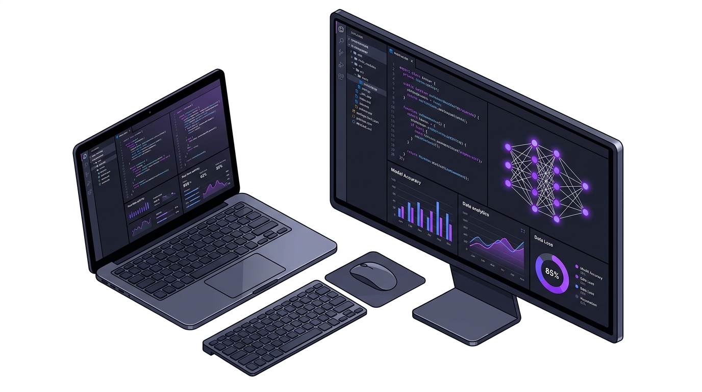 Developer workspace devices displaying code and cloud systems